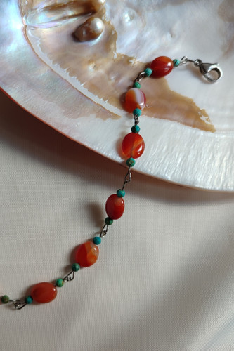 دستبند عقیق نارنجی و فیروزه طبیعی جواهری دست ساز